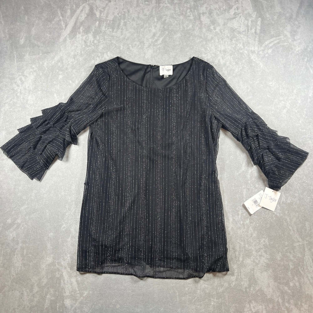 J. Taylor Metallic Blouse NWT Black Shimmer Tiered Ruffle Sleeve Tie Neck XL